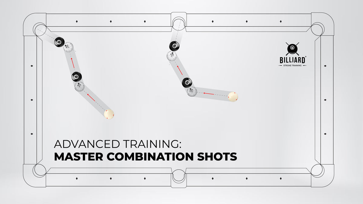 Promotional graphic for a billiards training product, showing a pool table outline with illustrated cue stick motion diagrams and the text 'ADVANCED TRAINING: MASTER COMBINATION SHOTS' on a light gray background. The BILLIARD logo appears in the top right.