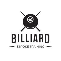 Logo for Billiard Stroke Training with a billiard ball and cues on a white background